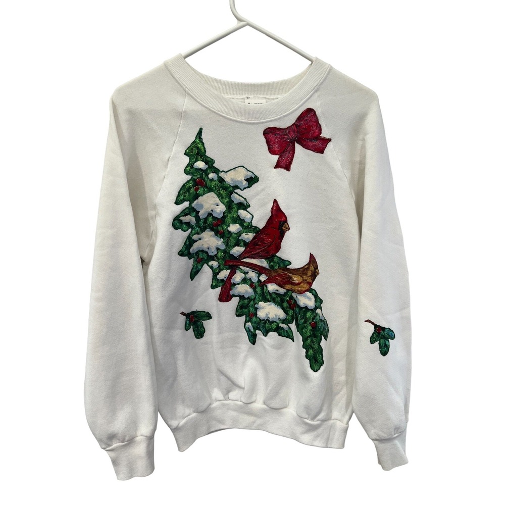 JERZEES 90s Christmas‎ Sweatshirt Puffy Paint Red Bird Cardinals Size Medium